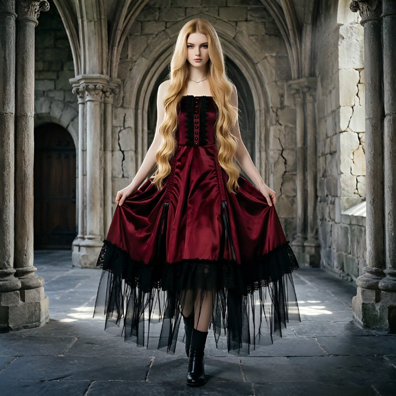 Women's Gothic Corset Dress with High-Low Tulle Skirt - Red XXL Variation