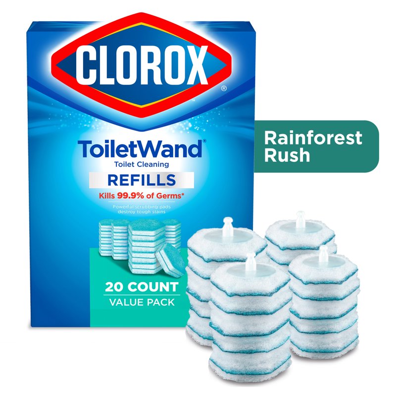 (2 Pack) Clorox ToiletWand Toilet Cleaning Refills - Rainforest Rush Scent, 20 Count - Disinfecting Scrubbing Pads for Toilet Bowl Cleaning, Odor Neutralizer