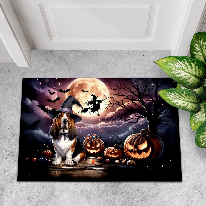 Rubber Doormat 24x16 Inches - Basset Hound & Halloween Night Design
