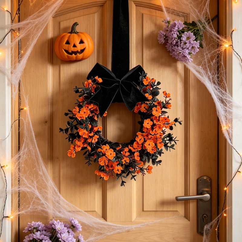 Halloween Wreath with Ribbon Bows and Artificial Flowers - Orange Star Shape, Fall & Holiday Decor - Variation: Halloween-Orange
