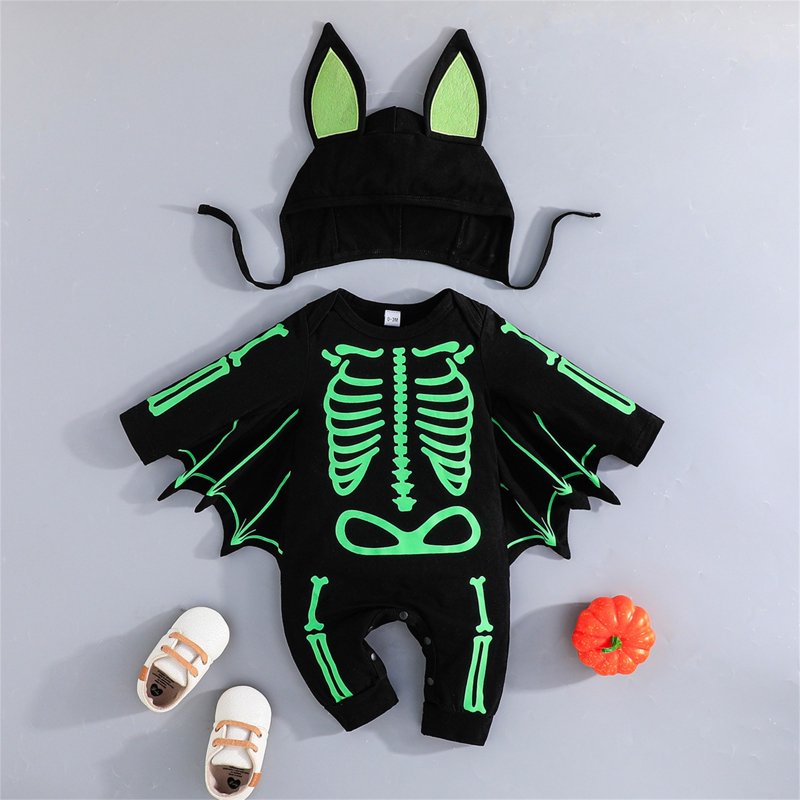 Baby Skeleton Jumpsuit with Wings & Hat - Green, 0-3 Months Halloween Outfit