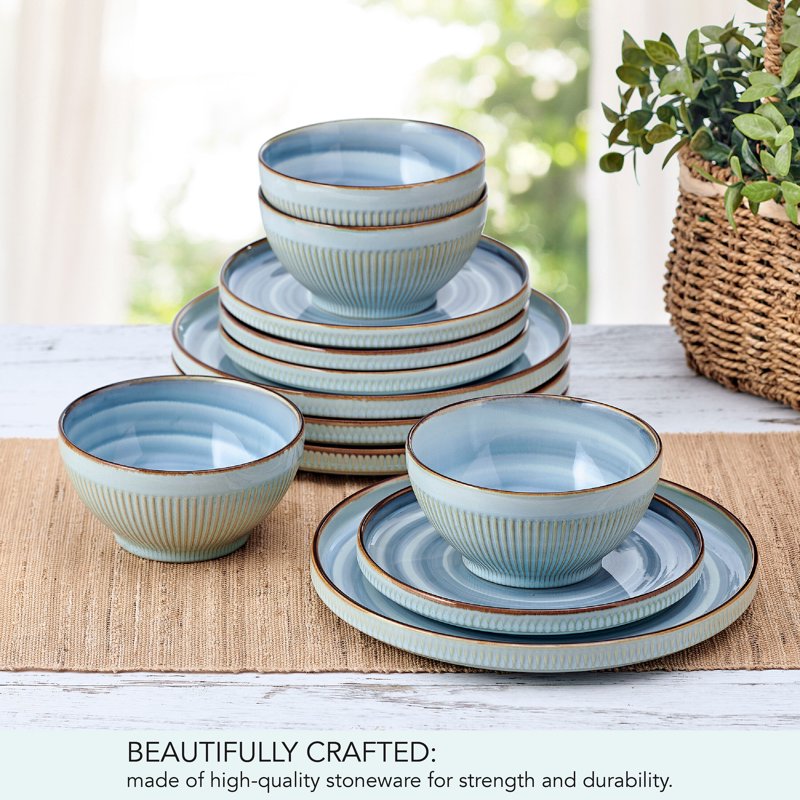 12-Piece Dinnerware Set - Blue Swirl Stoneware Service for 4