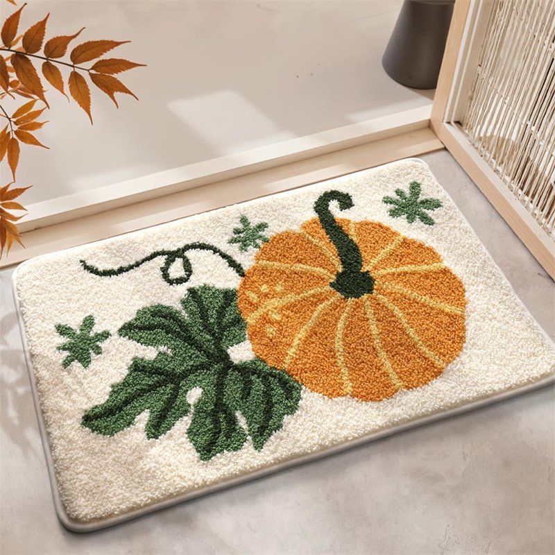 Halloween Pumpkin Bath Mat - Cute Plush Shaggy Rug for Bathroom & Kitchen - Variation C