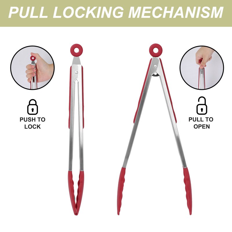 Silicone Kitchen Tongs Set with Locking Mechanism - 3PC Burgundy