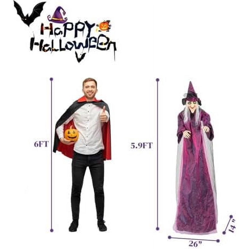 Life Size Talking Halloween Witch Decor with Red Lighted Eyes - Outdoor Haunted House Animatronic 5.9FT