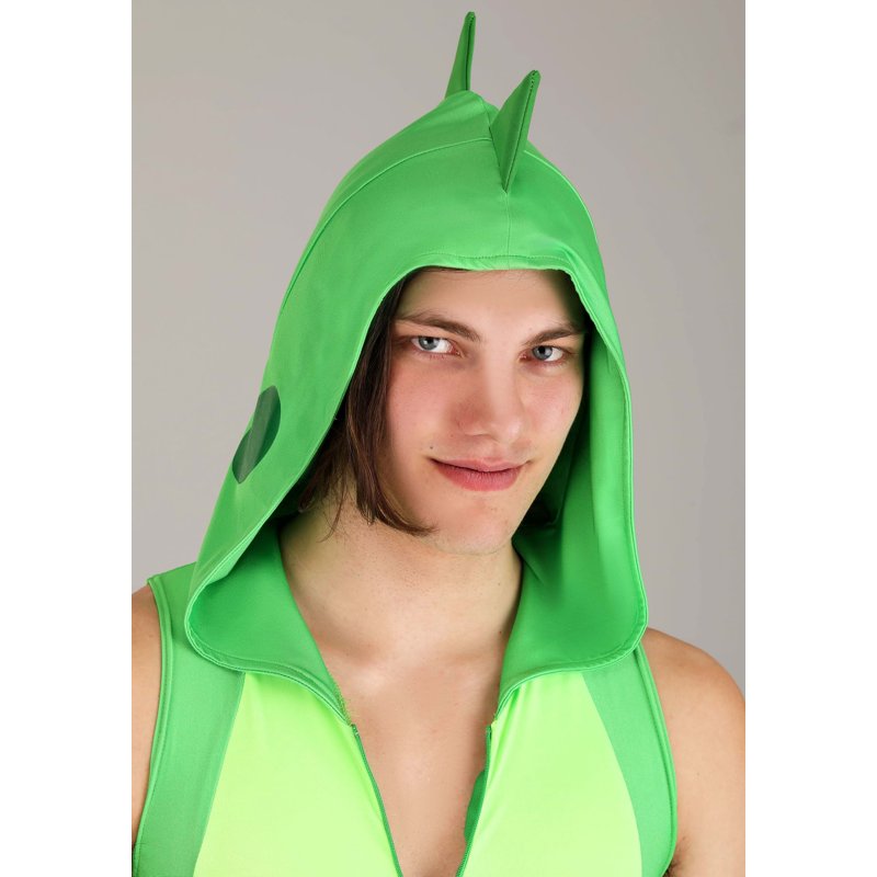 Men's Dinosaur Costume Romper - Sexy Green Dino Jumpsuit with Spikes, Hood & Tail - M