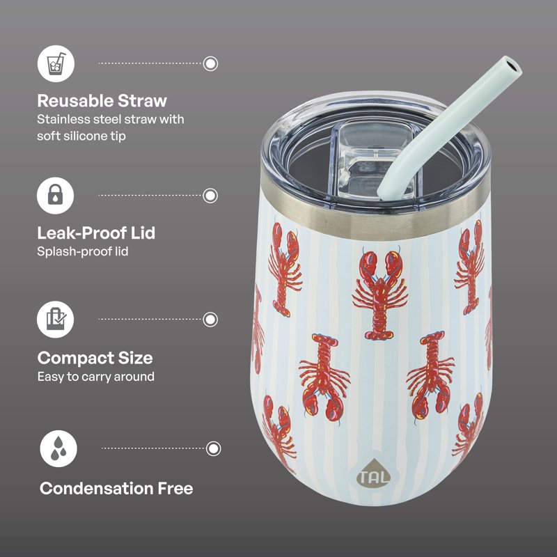16oz Stainless Steel Wine Tumbler with Straw - Lobsters