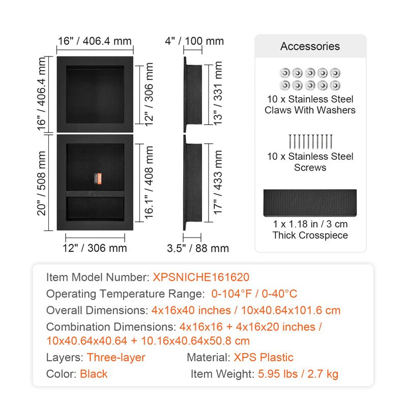 Tile-Ready Shower Niche - 16x16 and 16x20 Inch Wall Recessed Shelves, Triple Waterproof, Black