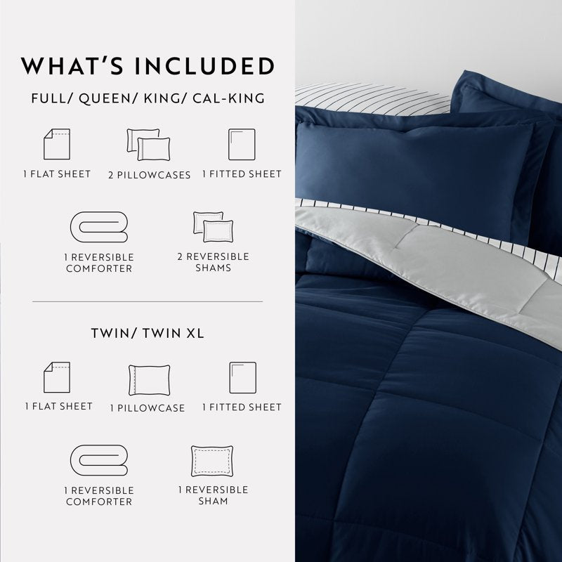Queen Reversible Comforter Set with Patterned Sheets, 7-Piece Bedding Bundle