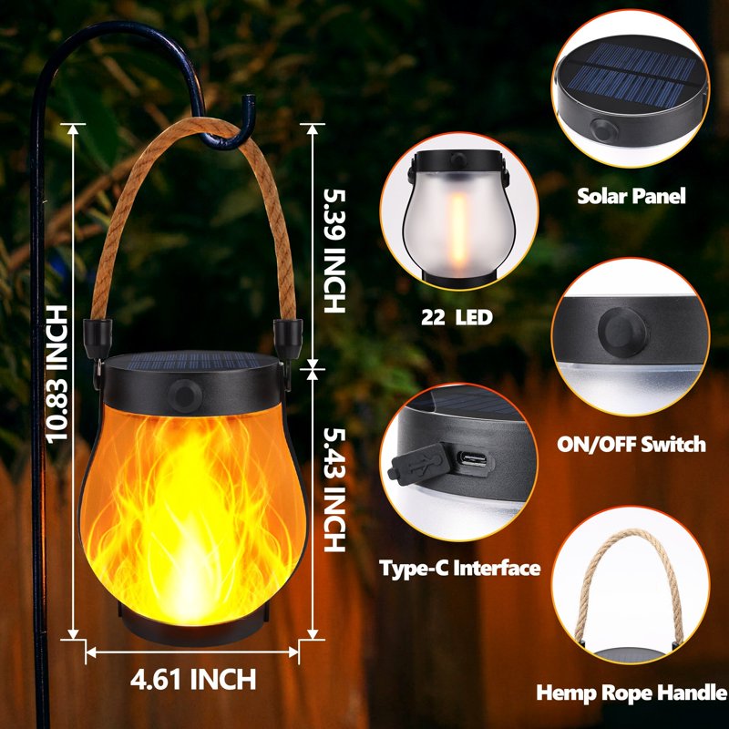 Outdoor Solar Lanterns 2 Pack Flikkering Flame Waterproof Garden & Patio Lights