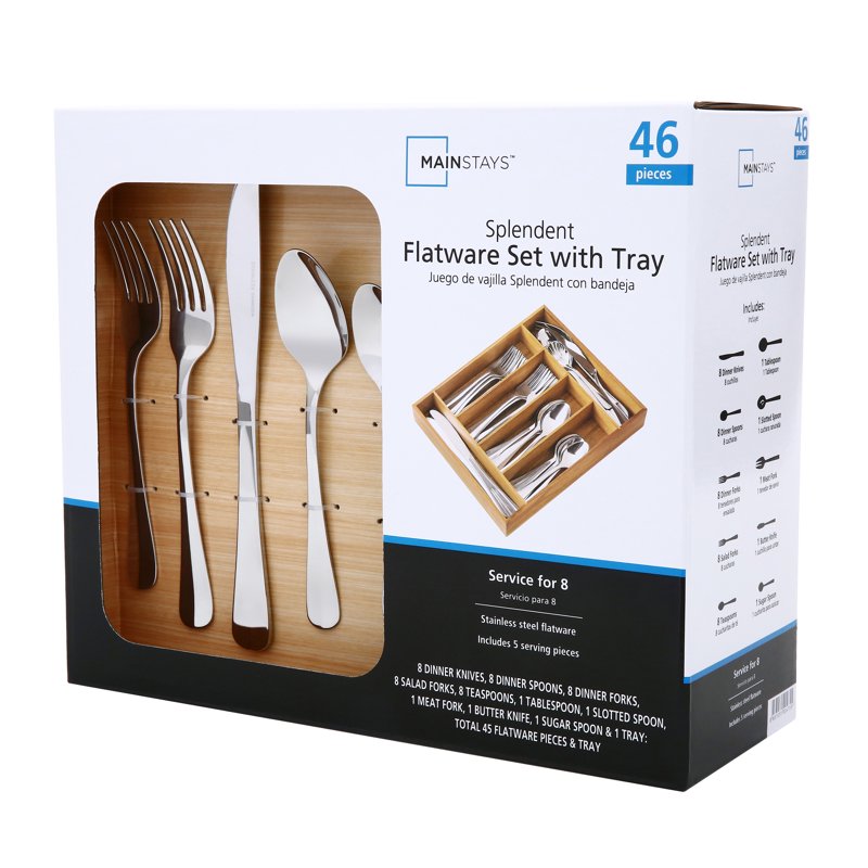 45-Piece Stainless Steel Flatware Set with Wooden Tray - 2 Pack
