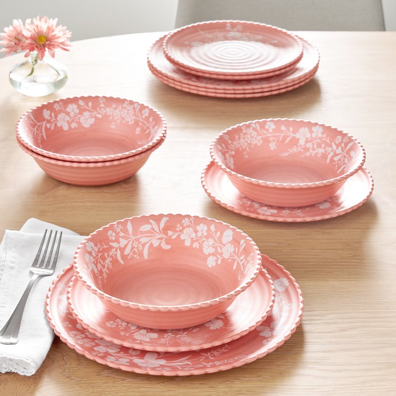 12-Piece Bamboo Melamine Dinnerware Set - Pink Daisy Design