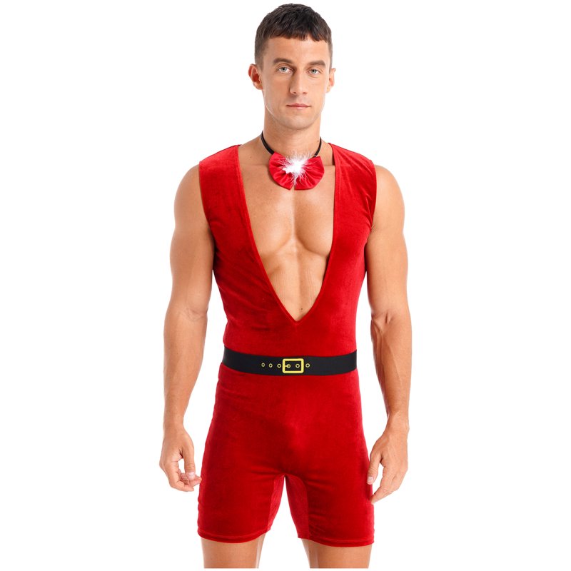 Men's Christmas Santa Claus Cosplay Costume Bodysuit & Hat Set - Red M