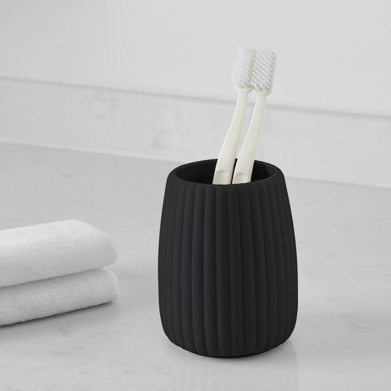 Toothbrush Holder - Black Ribbed Rubberized Plastic, Compact Bathroom Accessory