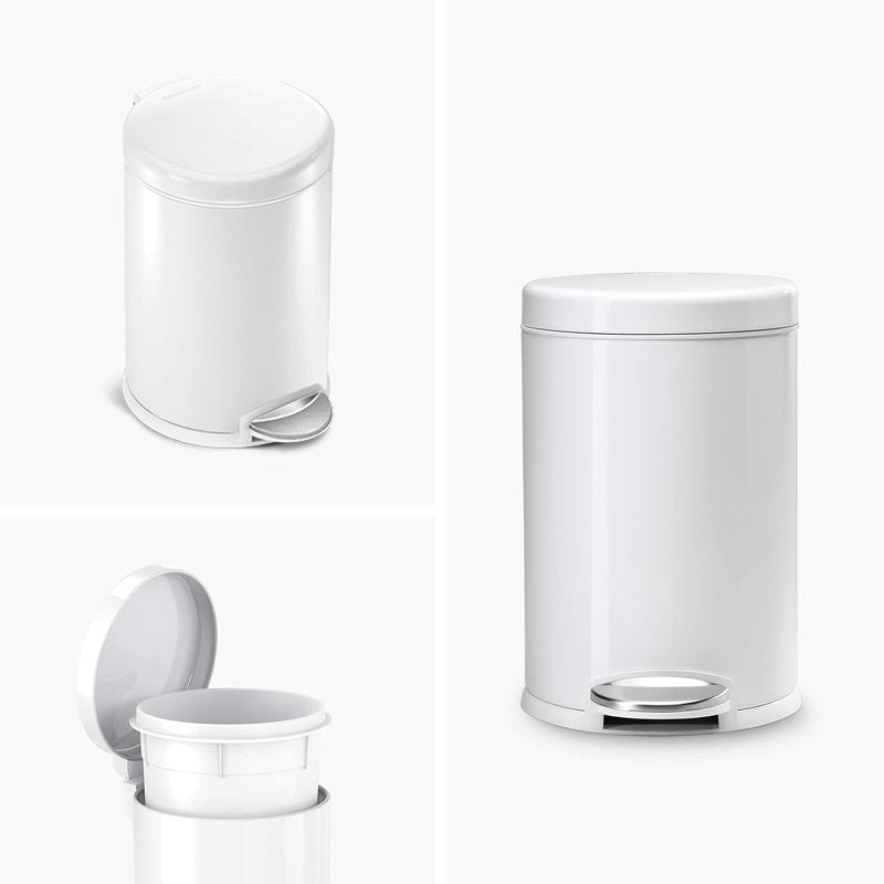 Compact Round Step Trash Can - 4.5L White Steel with Silent Close