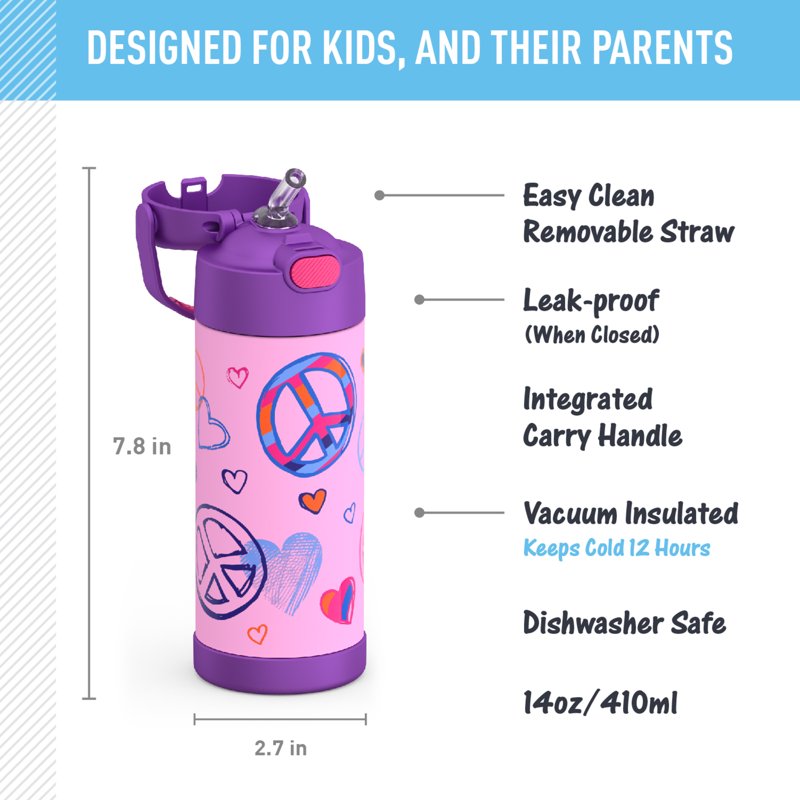 Kids Stainless Steel Insulated Water Bottle with Straw - Peace, 14 oz