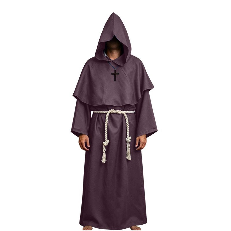 Medieval Hooded Monk Robe Costume Friar Priest Cloak for Halloween - Coffee, Large