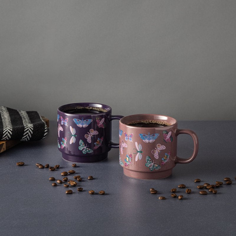 Stacking Butterfly Mugs Set - Purple & Burgundy, 14.2 fl oz