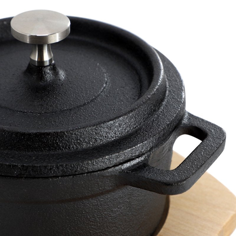 Mini Cast Iron Dutch Oven with Wood Tray - 8 oz - Black 4