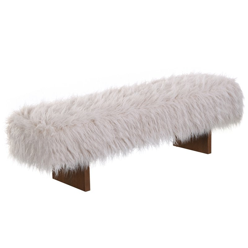 67" Wooden Bench with Long-Haired Faux Wool Upholstery - 3-Person Seat, Brown & White