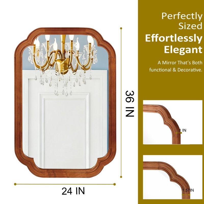 24x36 Inch Round Corner Wooden Mirror - Elegant Solid Wood Frame for Bedroom Bathroom Entryway Brown - Variation of Brown