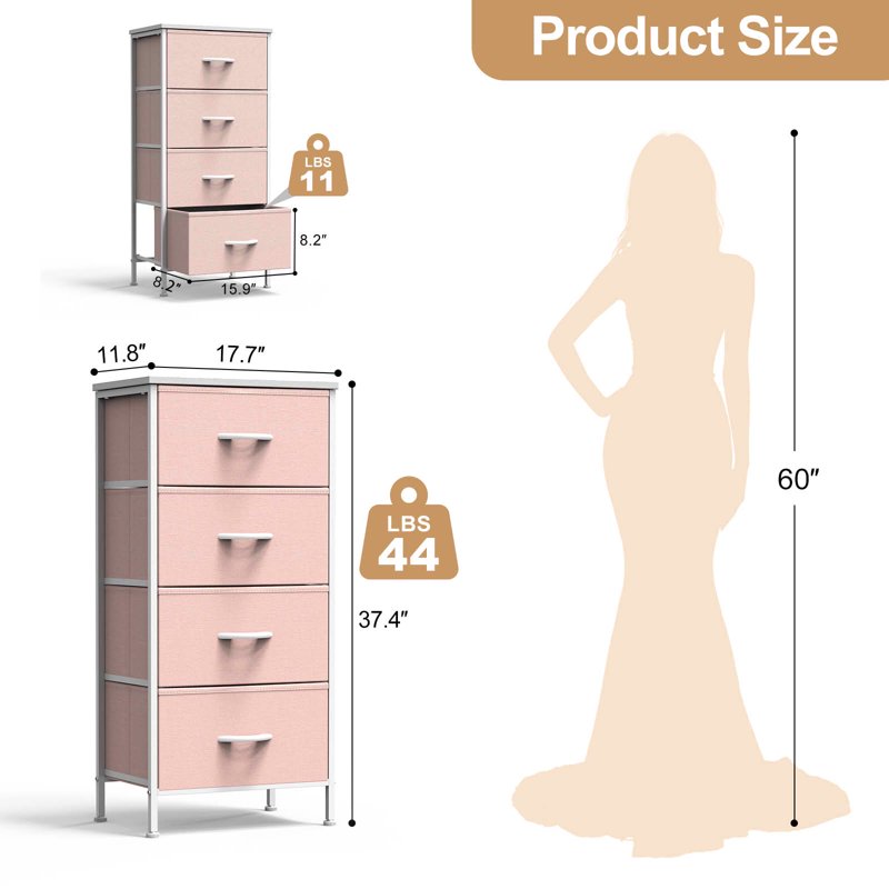 Fabric Drawer Storage Cabinet with Wooden Top - 4 Drawer Pink