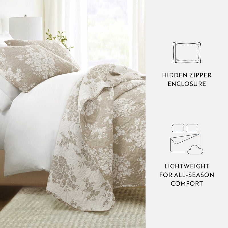 Queen Taupe Distressed Bouquet Reversible Quilt Set - Soft & Durable Bedding