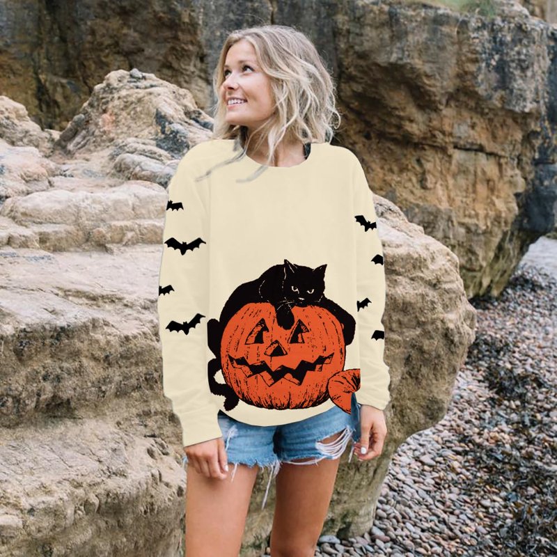 Apricot KimSoong Women's Halloween Sweatshirt Black Cat Pumpkin Graphic Pullover Crew Neck Long Sleeve