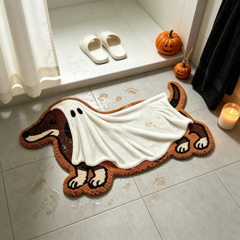Halloween Dachshund Ghost Doormat - Soft Faux Non Slip Entryway Rug