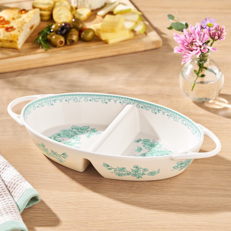 Stoneware Divided Server - Green Floral Design