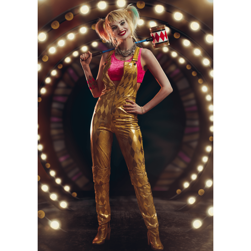 Women's Harley Quinn Gold Overalls Costume S - Super Villain Outfit