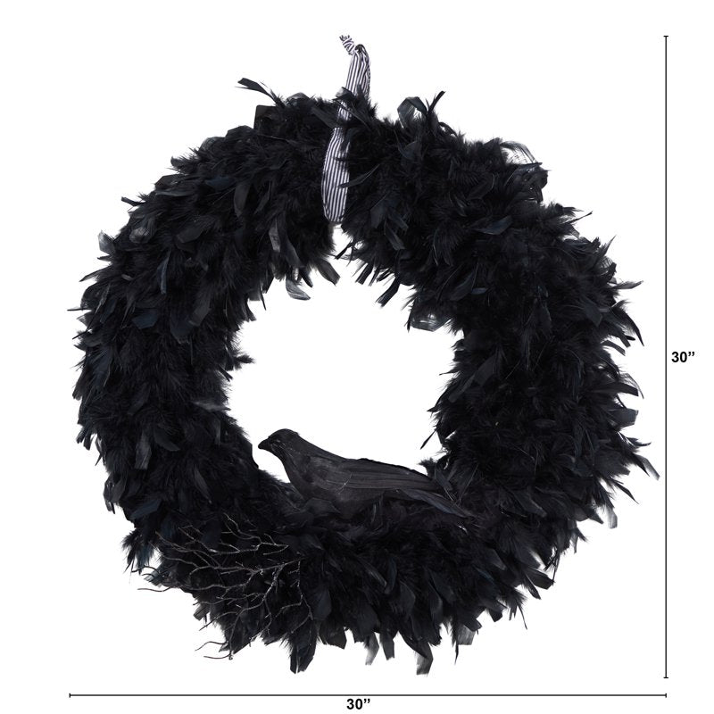 Halloween Raven Feather Wreath - 30 Inch Artificial Fall Decor
