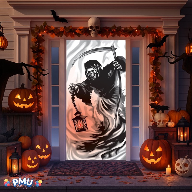 PMU Halloween Reaper Light Up Door Cover - 1 Piece, Spooky Door Decor