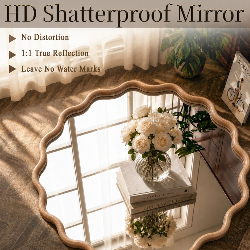 Wavy 30x30 Inch Bathroom Wall Mirror with Natural Wood Frame - Easy4Home