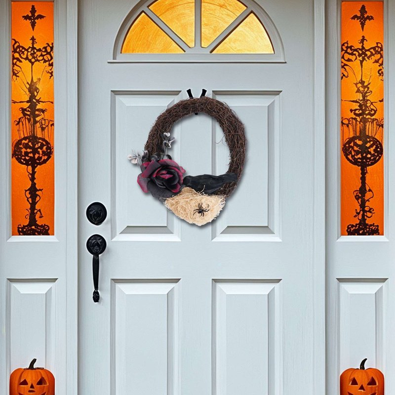 Halloween Wreath with Black Rose, Crow, Spider & Twig - Front Door Decor