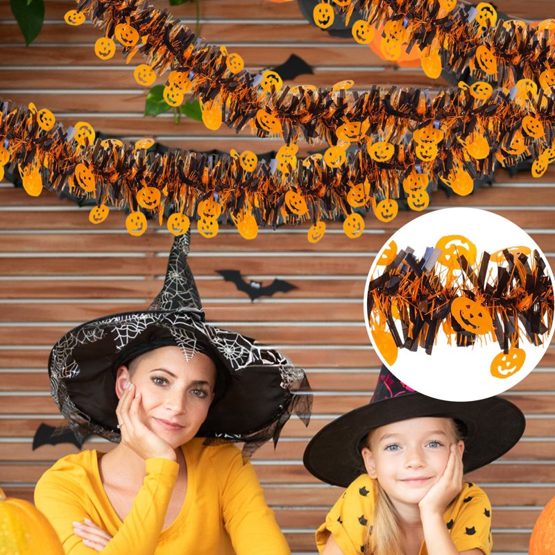 Halloween Gold Foil Garland with Orange Pumpkin Black Spider Purple Bat - 80 Inch Party Decor - Orange, Black, Purple, Gold