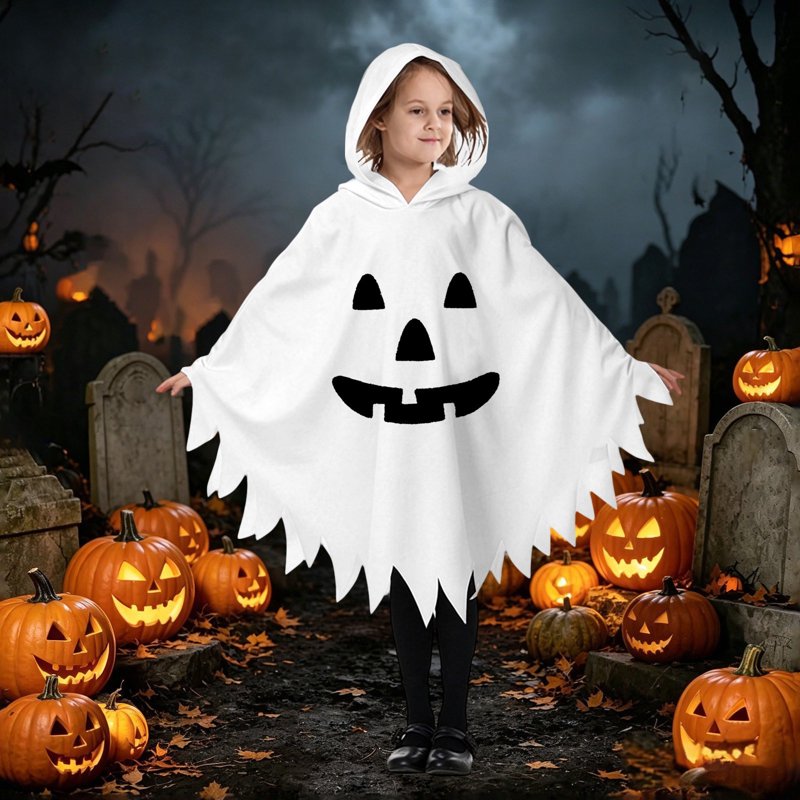 Kids Halloween Costume Hooded Ghostface Cape - White Fancy Dress 7-9 Years
