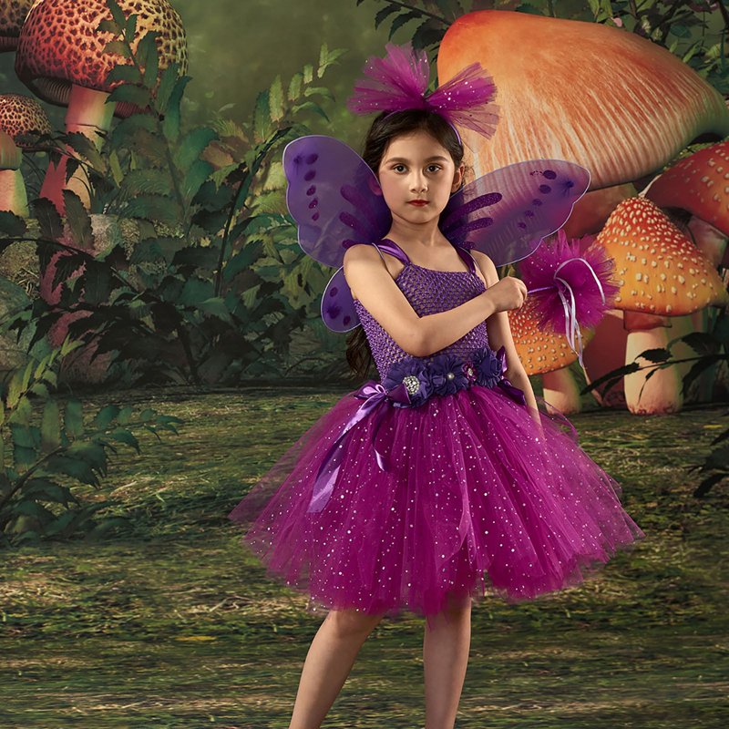 Kids Girls Halloween Fairy Dress Set with Headband and Wings