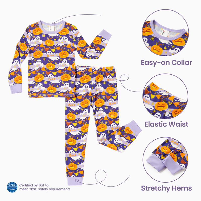 Purple Halloween Toddler Pajama Set 2T Snug Fit Bamboo Sleepwear for Girls & Boys - Pumpkin Design