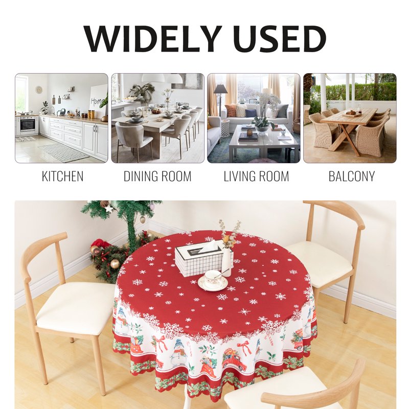 Christmas Tablecloth - 60 Inch Round Red, Machine Washable Polyester