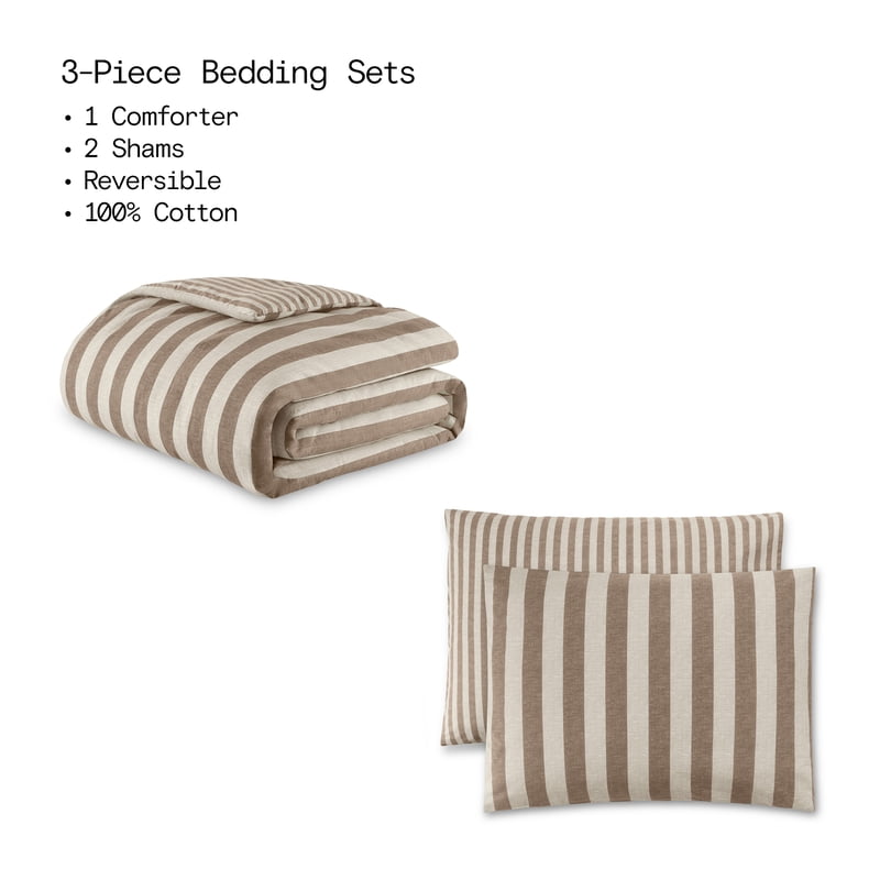 Cotton Comforter Set Full/Queen - Reversible Stripe Bedding with Shams