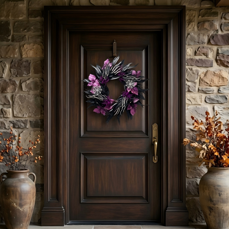 Halloween Black and Purple Wreath with Spider Web & LED Lights - 21.6 Inch Indoor/Outdoor Door Wall Decor