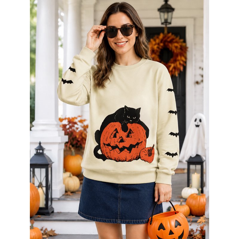 Apricot KimSoong Women's Halloween Sweatshirt Black Cat Pumpkin Graphic Pullover Crew Neck Long Sleeve