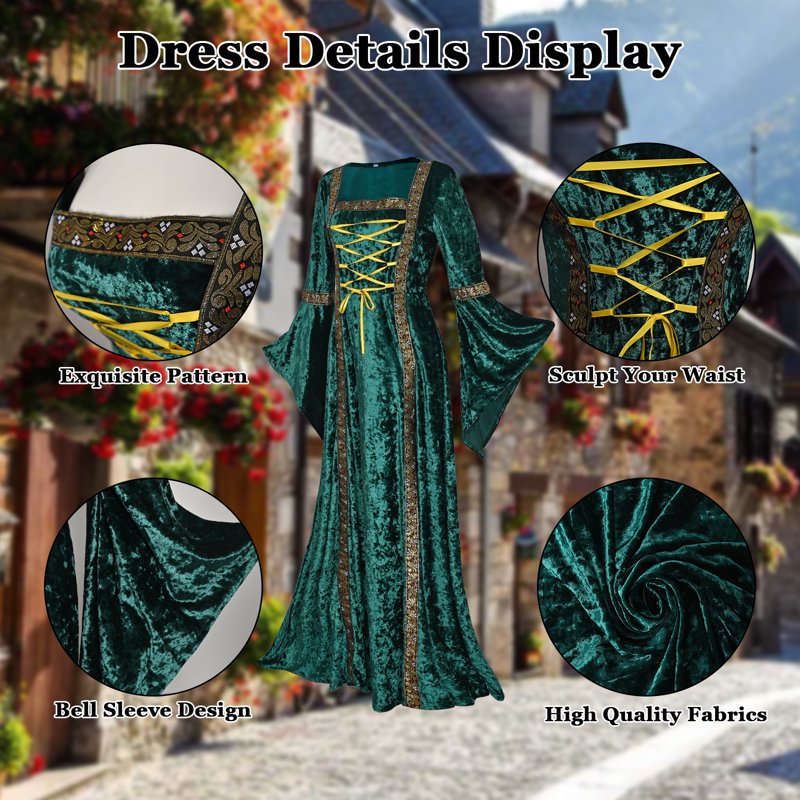 Medieval Renaissance Dress Women Velvet Irish Costume - Green, M