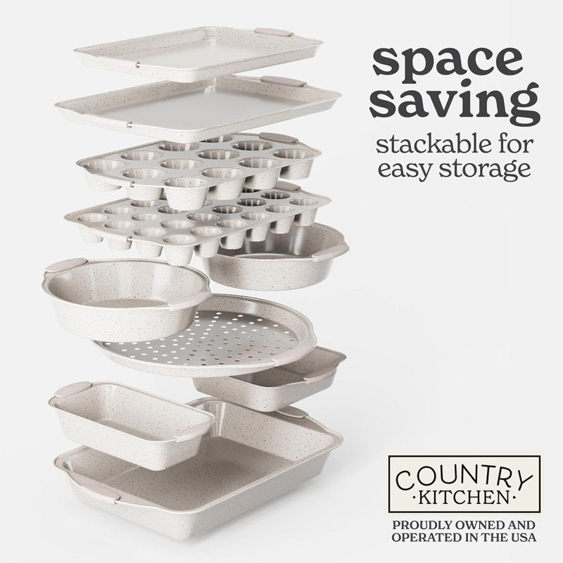 10-Piece Nonstick Bakeware Set - Stackable Design, Cream