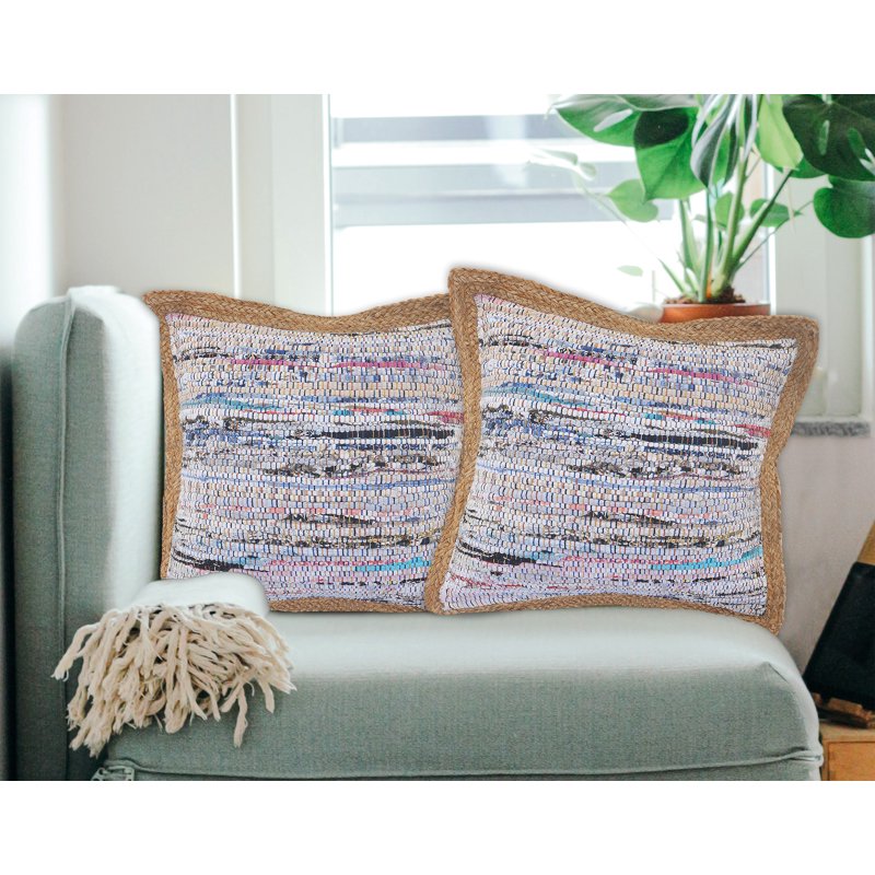 Pastel 20x20 Inch Jute Border Striped Cotton Blend Decorative Throw Pillow Set - LR Home