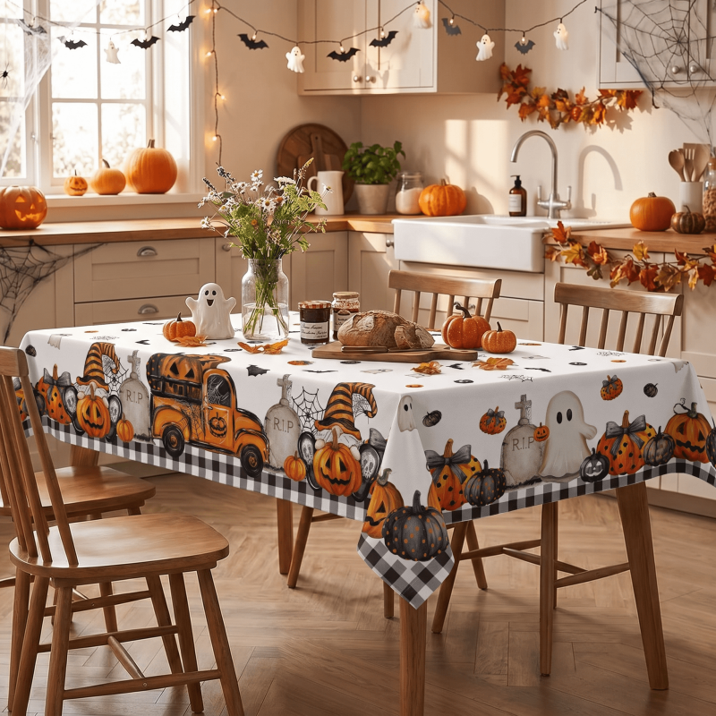 Halloween Tablecloth 60x120 Inch Bat Pumpkin Plaid Wrinkle-Resistant & Machine Washable
