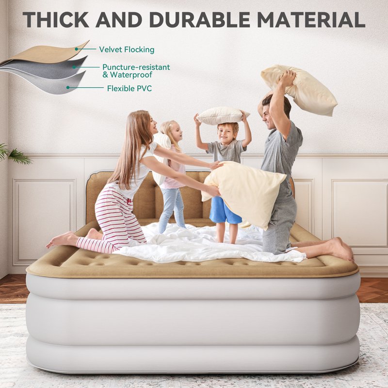 Queen Size Inflatable Air Mattress with Pump & Headboard - Brown Vertical Grain Variation