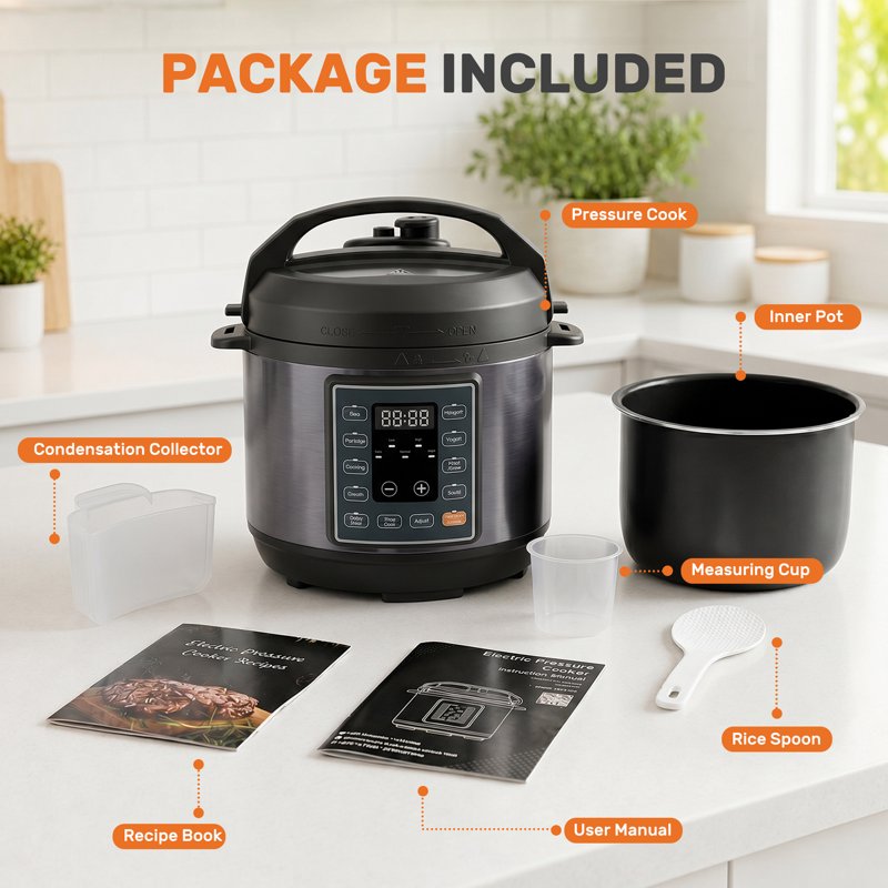 3QT Electric Pressure Cooker - Multi-Function Stainless Steel Pot, Black
