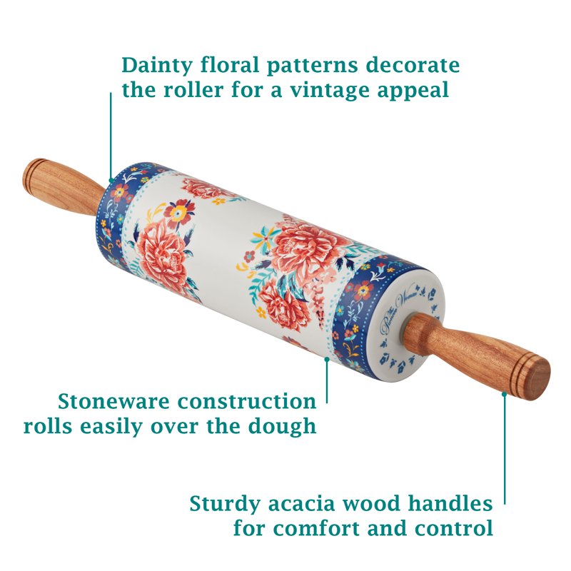 Ceramic Rolling Pin Set with Acacia Wood Holder - 17.7" Floral Design